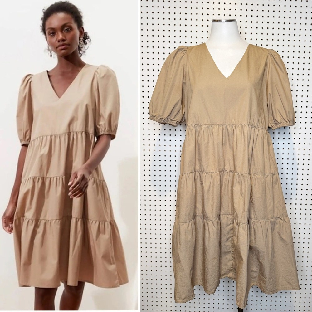 Banana Republic | Organic Cotton Tiered Midi Dress Puff Sleeve V Neck‎ Tan Sz. M